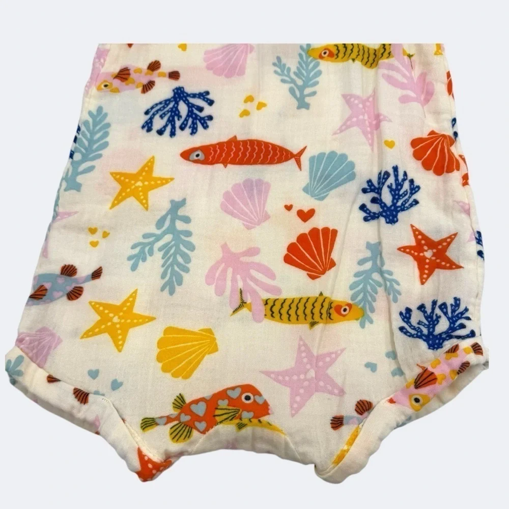 Old Navy Unisex Printed Henley Baby Romper Colorful Fish and Starfish 12-18